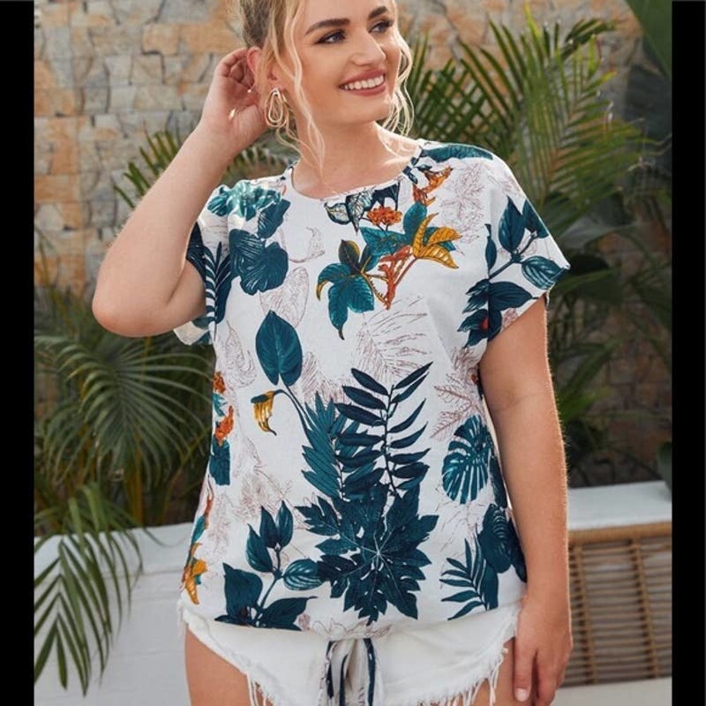 Shein Curve women's size 1x floral drawstring tie waist cotton top size